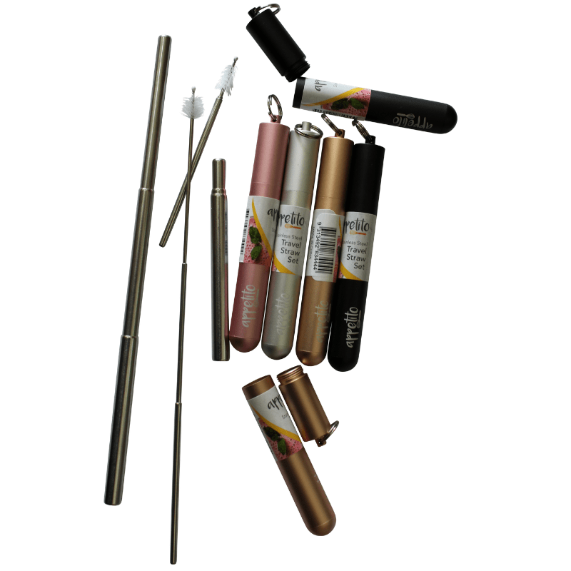 Appetito reusable stainless steel travel straw - telescopic straw with brush and case - mix of cases in this photo.