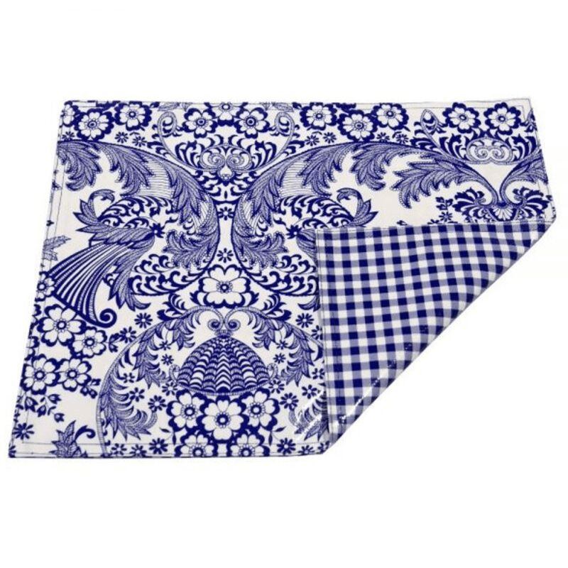 Ben Elke Mexican oilcloth two sided table place mat in Blue Eden/Navy Gingham designs.