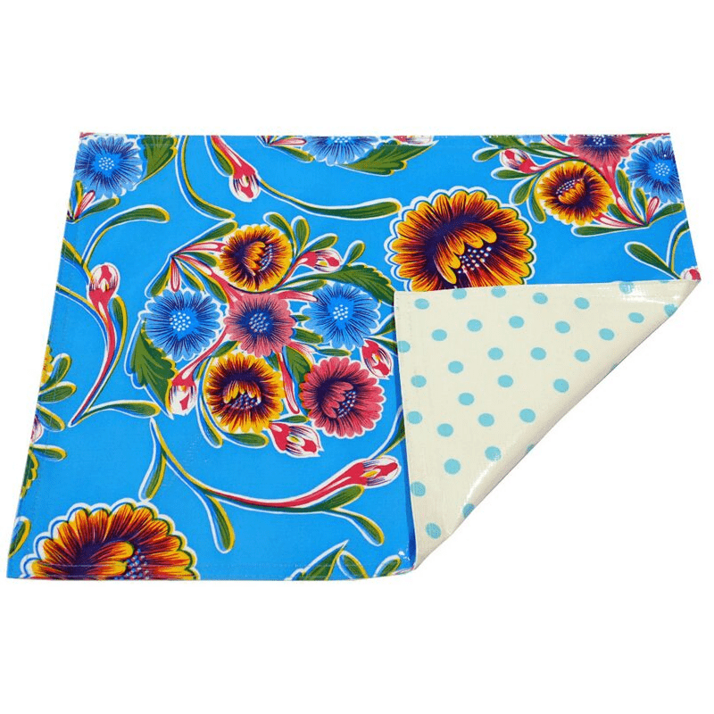 Ben Elke Mexican oilcloth two sided table place mat in Blue Sweet Flower Pale Blue/Polka dots designs.