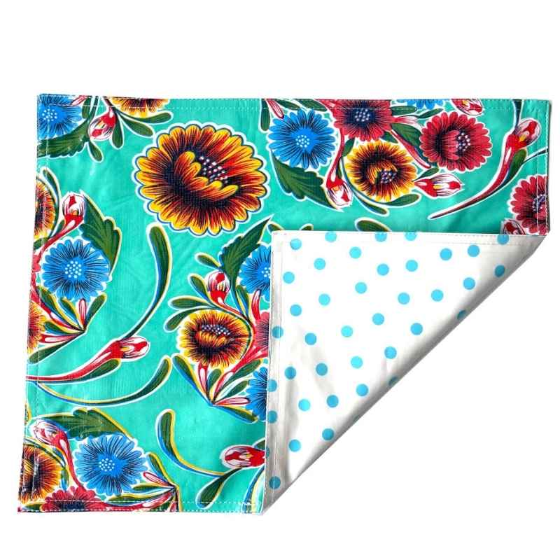 Ben Elke Mexican oilcloth two sided table place mat in Sweet Flower Mint/blue dot  designs.