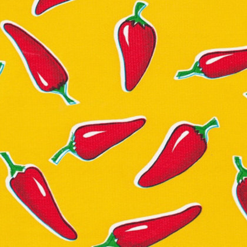 Ben Elke Mexican oilcloth tablecloth in Chillie Red on Yellow design 