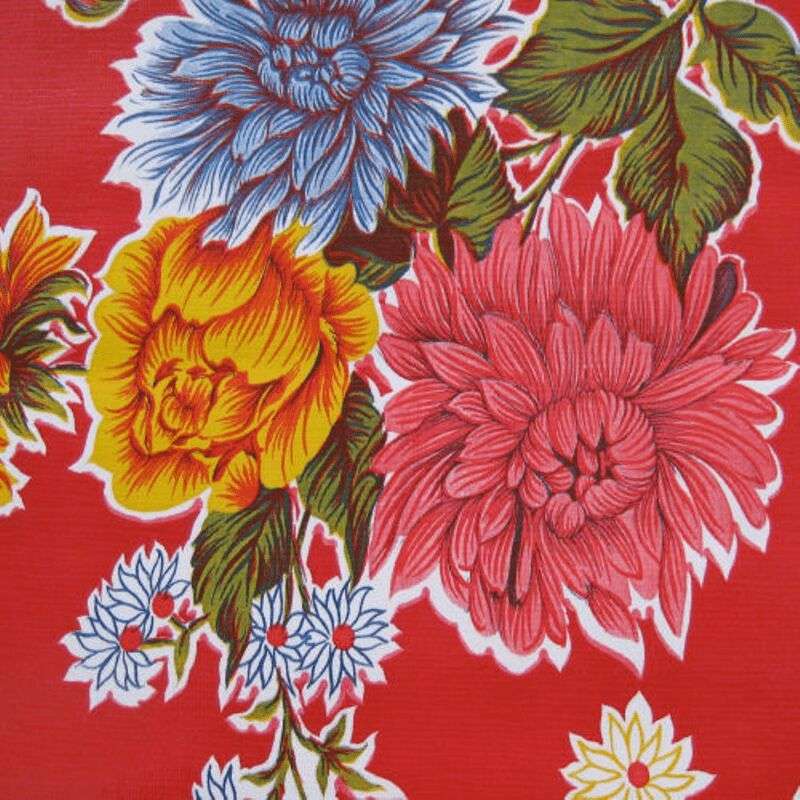Ben Elke Mexican oilcloth tablecloth in Mums Red design