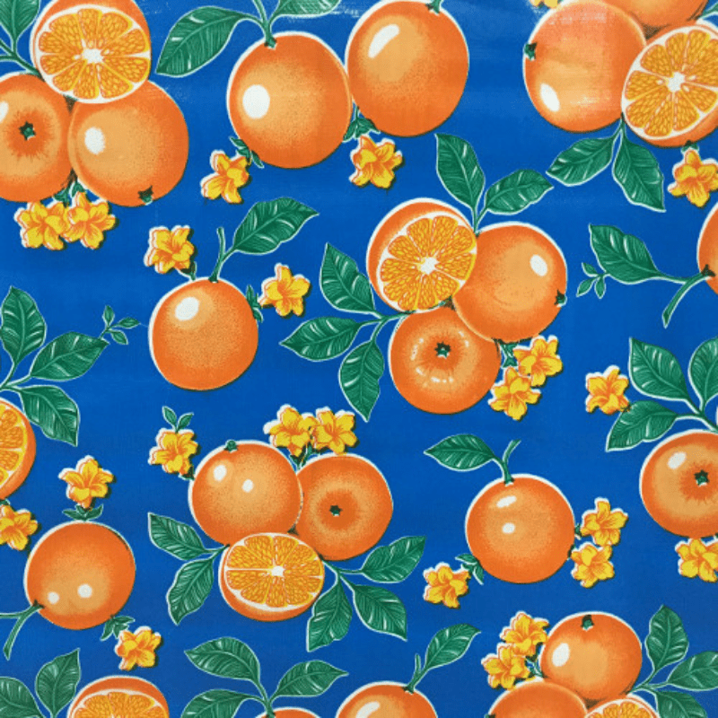 Ben Elke Mexican oilcloth tablecloth in Oranges Dark Blue design 