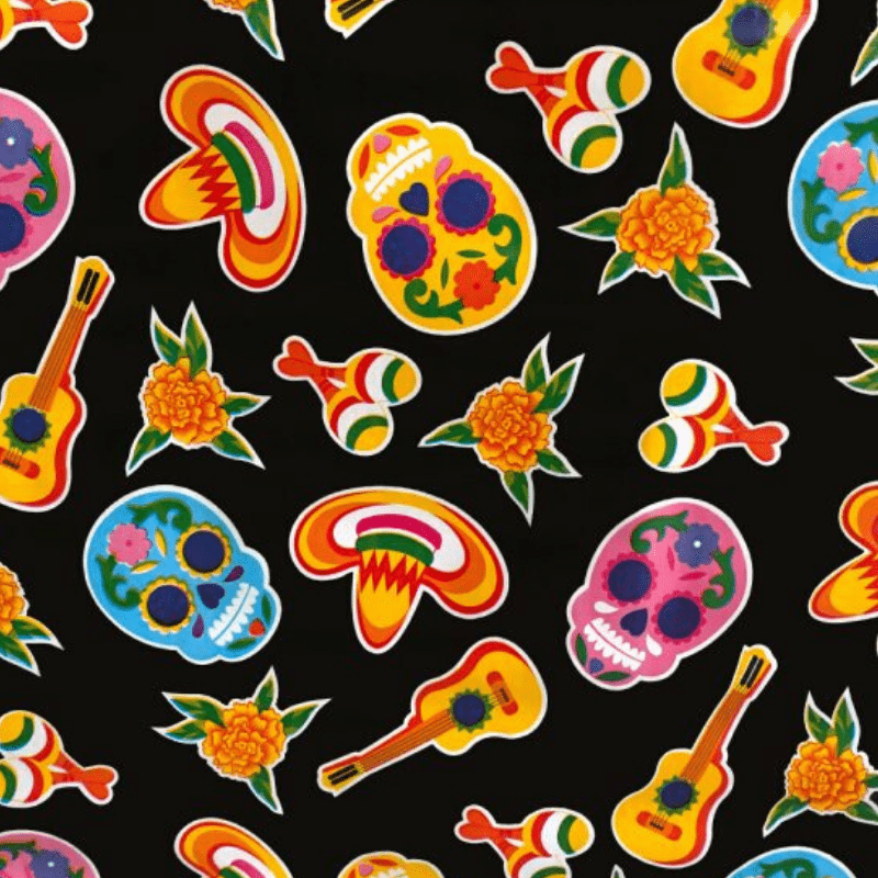   Ben Elke Mexican oilcloth tablecloth in Sugar Skulls Black design