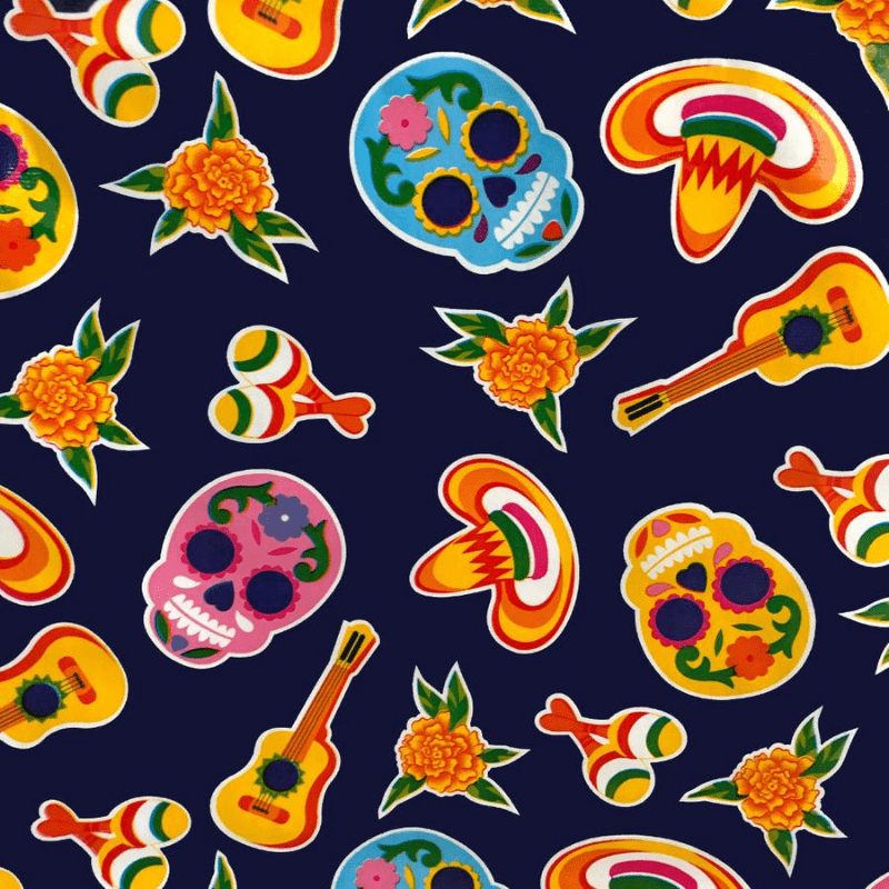   Ben Elke Mexican oilcloth tablecloth in Sugar Skulls Blue Navy design