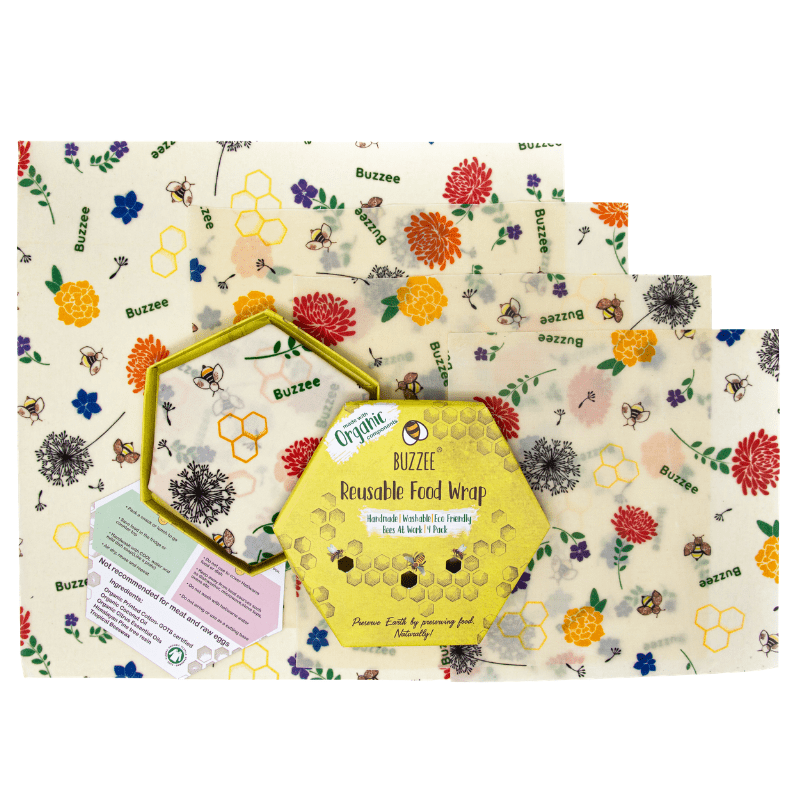 Buzzee organic beeswax wraps box with a set of 4 wraps - Bees at work design.