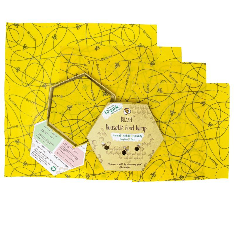Buzzee organic beeswax wraps box with a set of 4 wraps - Busy Bee design.