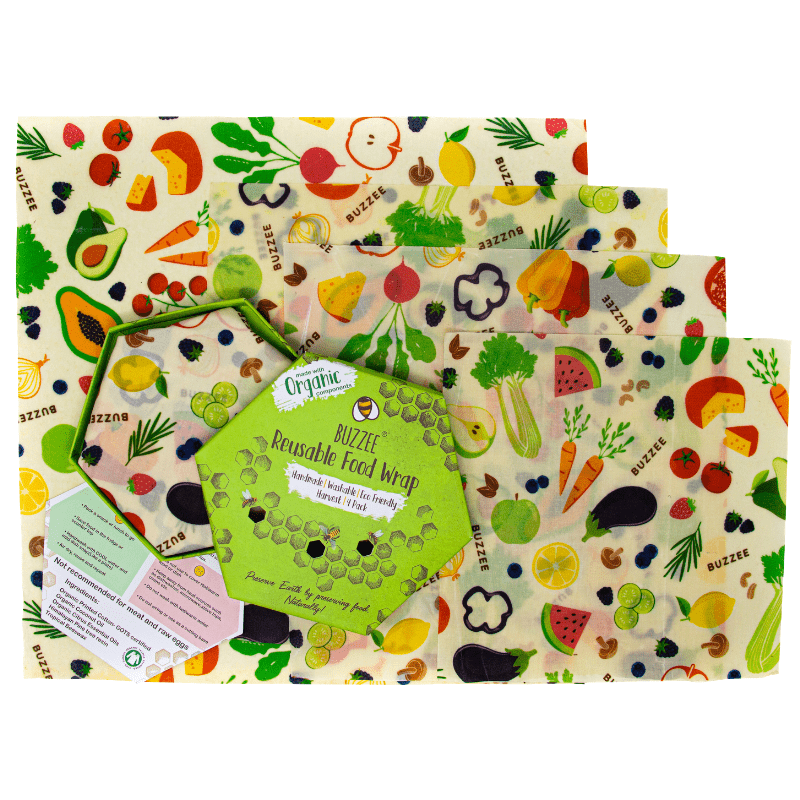Buzzee organic beeswax wraps box with a set of 4 wraps - Harvest design 