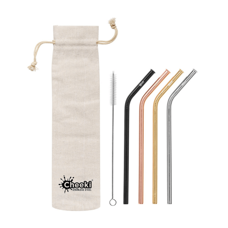 Cheeki reusable stainelss steel straws - come in a set of 4 different coloured bent straw and cleaner in a pouch. 