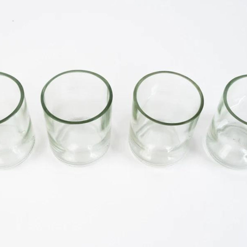 4 x 280ml clear drinking glasses made from recycled wine bottles in line.