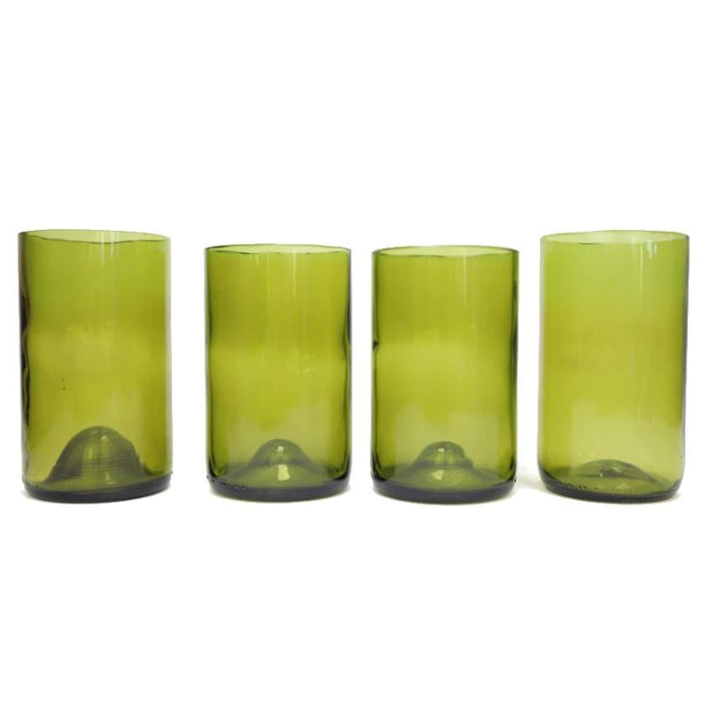 4 x 280ml green drinking glasses made from recycled wine bottles in line.