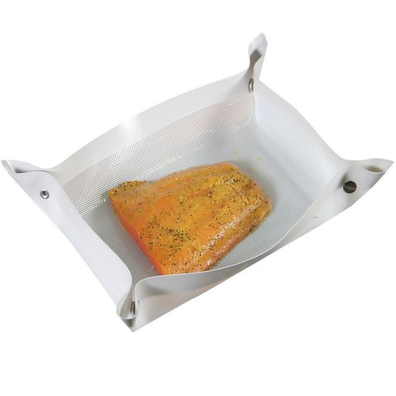 Grand Fusion leak proof silicone baking mat with snap lock - shown with a piece of fish. 