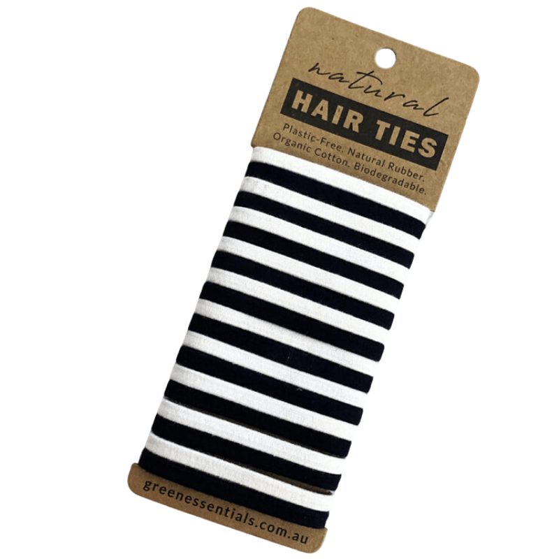 Green Essentials Natural Hair Ties no plastic, but natural rubber and organic cotton.  pack with white and black ties.