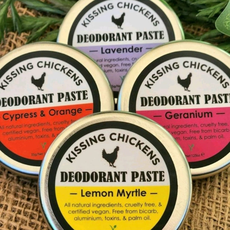 Kissing Chickens Organic Bicarb free natural deodorant paste - photo of mixed tins.