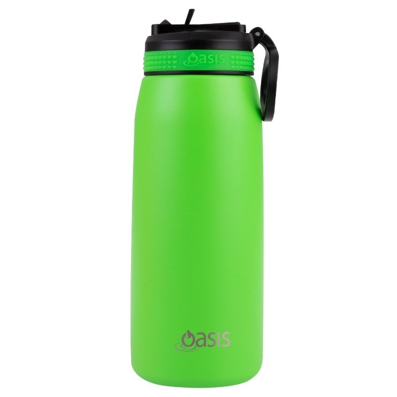780ml Oasis sports bottle with sipper lid - double walled stainless steel bottle - Neon Green.