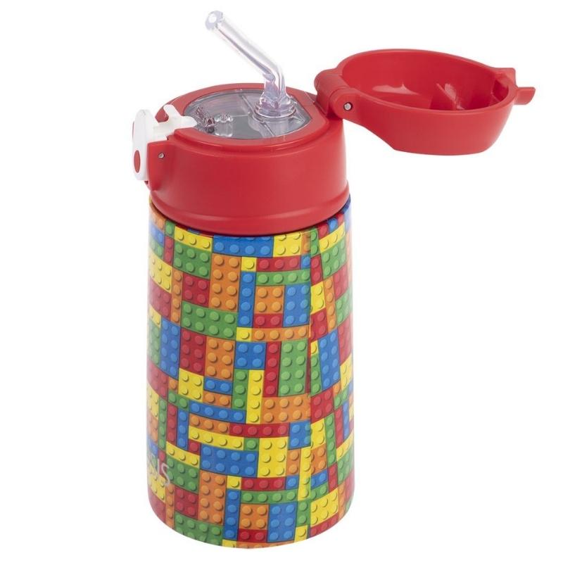 400ml Oasis Stainless Steel Double Walled insulated kids water bottle with sipper straw - Bricks open