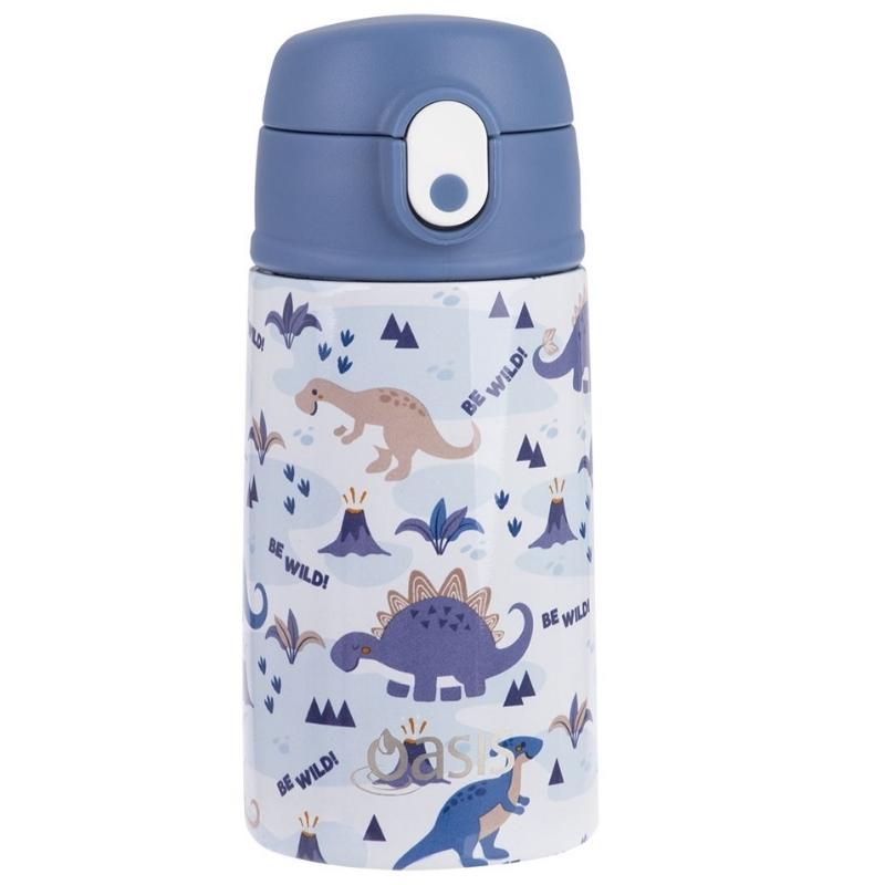 400ml Oasis Stainless Steel Double Walled insulated kids water bottle with sipper straw - Dinosaur Land