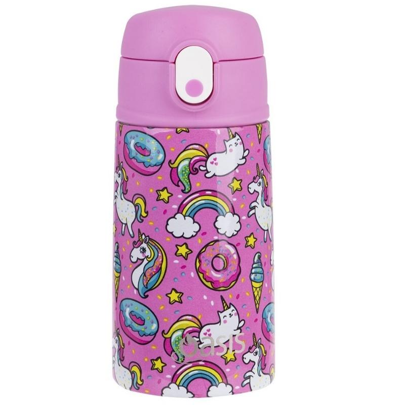 400ml Oasis Stainless Steel Double Walled insulated kids water bottle with sipper straw - Unicorns 