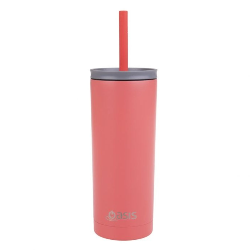 Oasis "Super Sipper" Stainless Steel Double Wall Insulated Tumbler with Silicone Head Straw - 600ml - Coral.