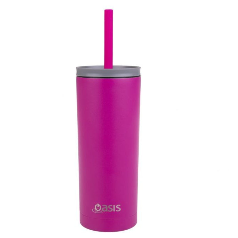 Oasis "Super Sipper" Stainless Steel Double Wall Insulated Tumbler with Silicone Head Straw - 600ml - Fuchsia.