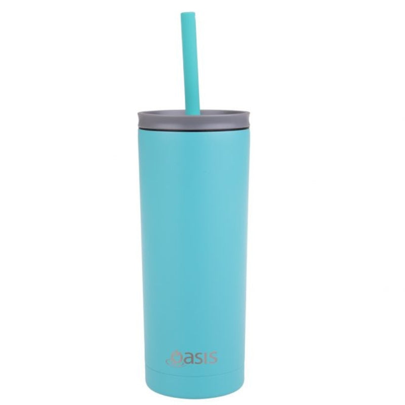 Oasis "Super Sipper" Stainless Steel Double Wall Insulated Tumbler with Silicone Head Straw - 600ml - Turquoise.