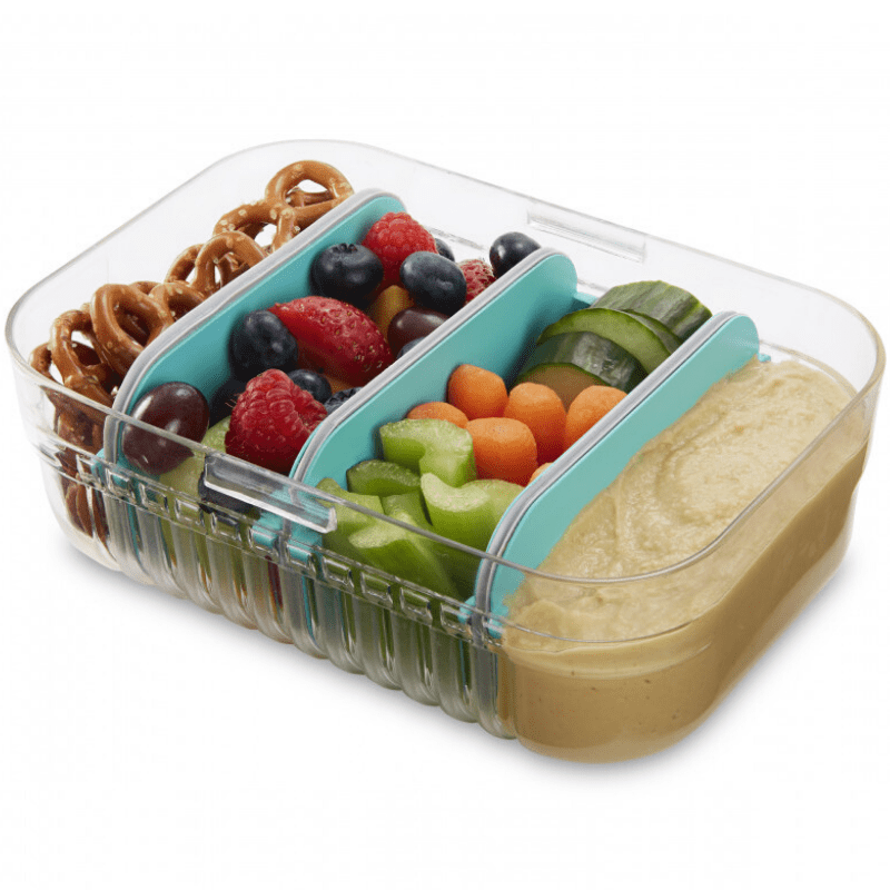 PackIt Mod Lunch Bento customisable lunch system 1.1L with 3 dividers - shown with food. 