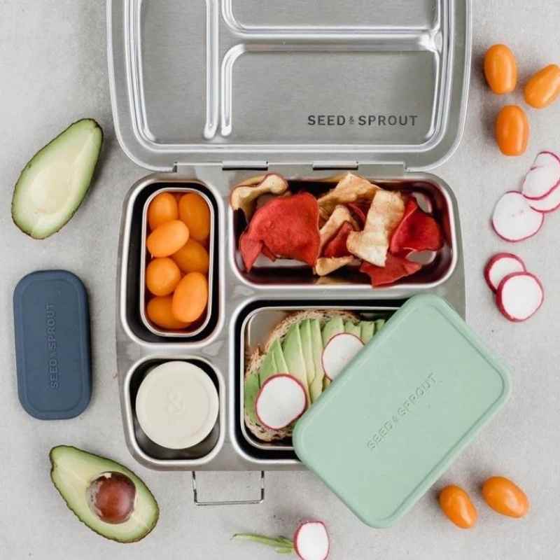       Personalised-Seed-Sprout-CrunchBox-stainless-steel-bento-lunch-box-with-3-tubs-open-with-food