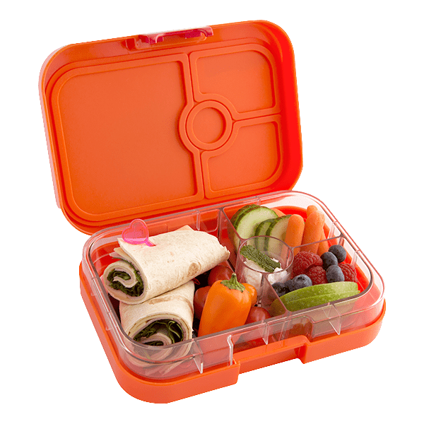 Yumbox Panino leak proof bento lunch box - orange lunch box with food. 