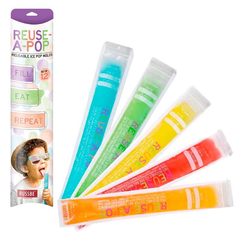 Russbee reuse a pop reusable ice block pop molds - packet with 12 - shown with ice in them. 