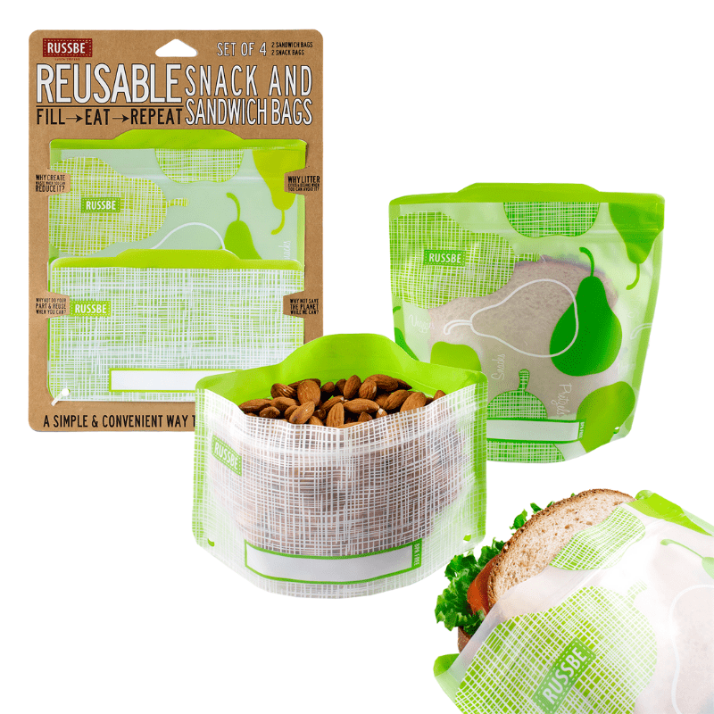 Russbe reusable snack and sandwich bags - set of 4 in Pear Linen design - shown with snacks and sandwich in.