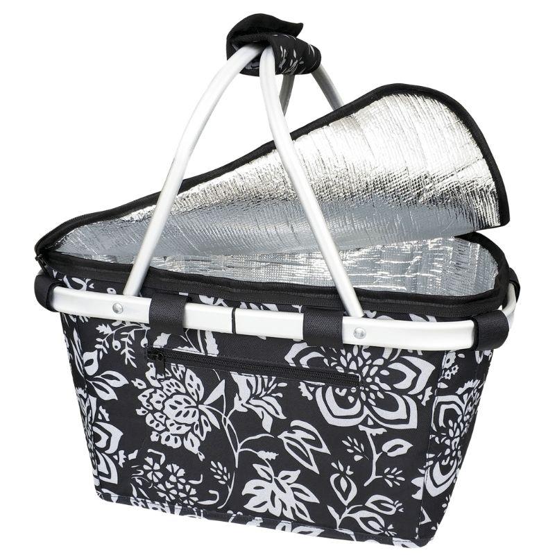 Sachi insulated carry picnic basket with lid - Black Camellia design.