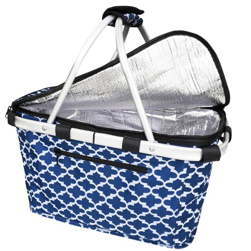 Sachi insulated carry picnic basket with lid - Moroccan Navy design.