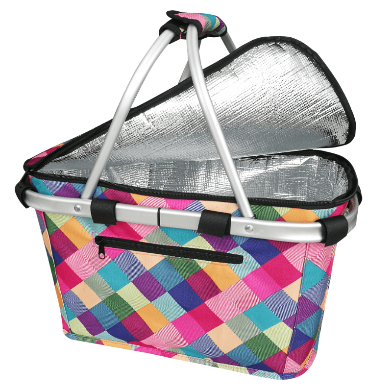 Sachi insulated carry picnic basket with lid - Harlequin design.