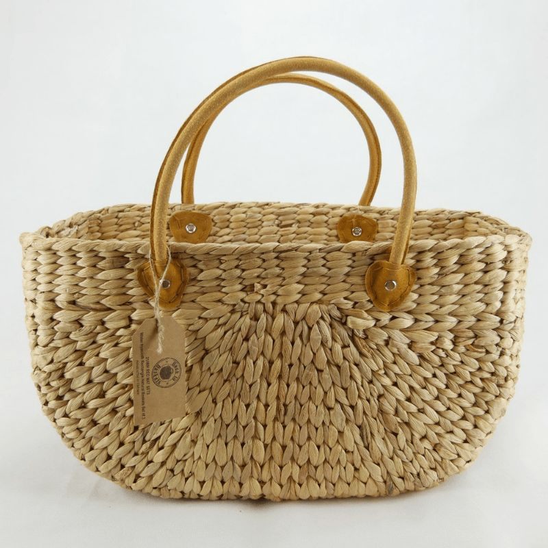 Water Hyacinth rectangle basket with suede handle i natural - large.