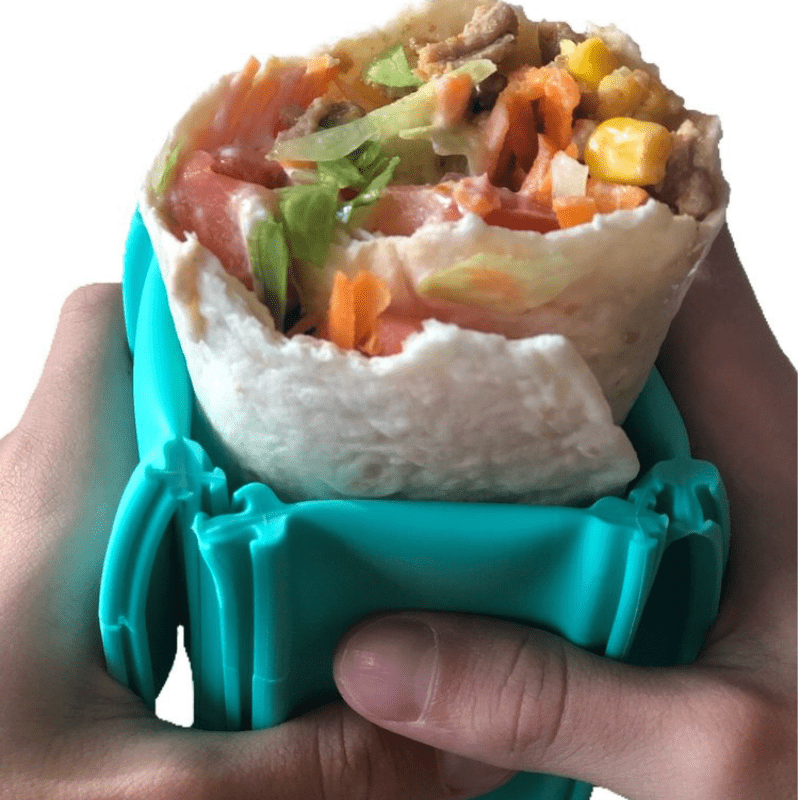 Wrap'd silicone wrap holder in aqua - open with food.