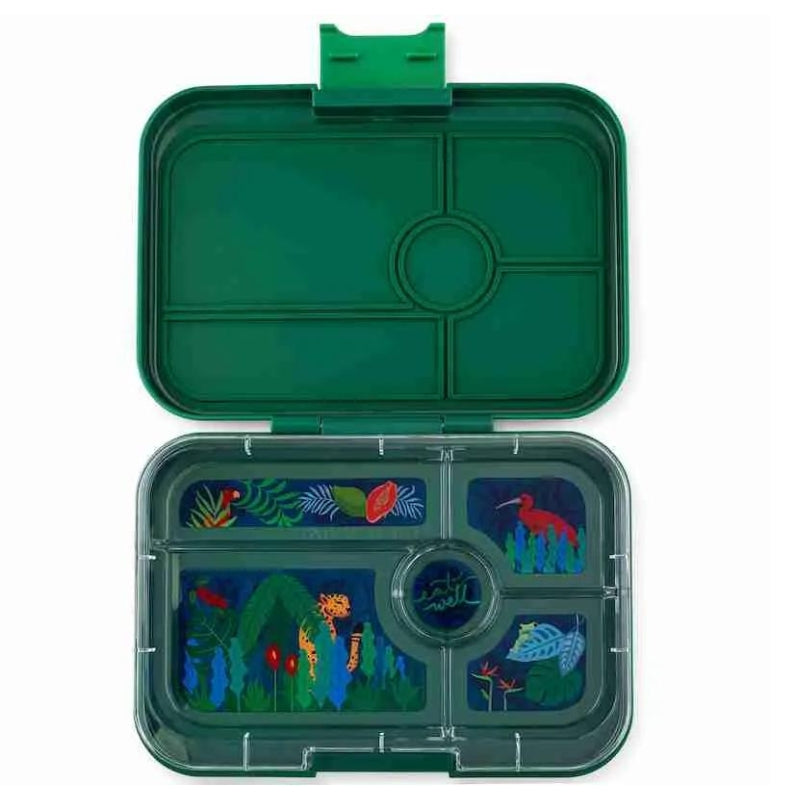 Yumbox Tapas leakproof bento lunch box with 5 compartments Jungle tray in Greenwich Green.