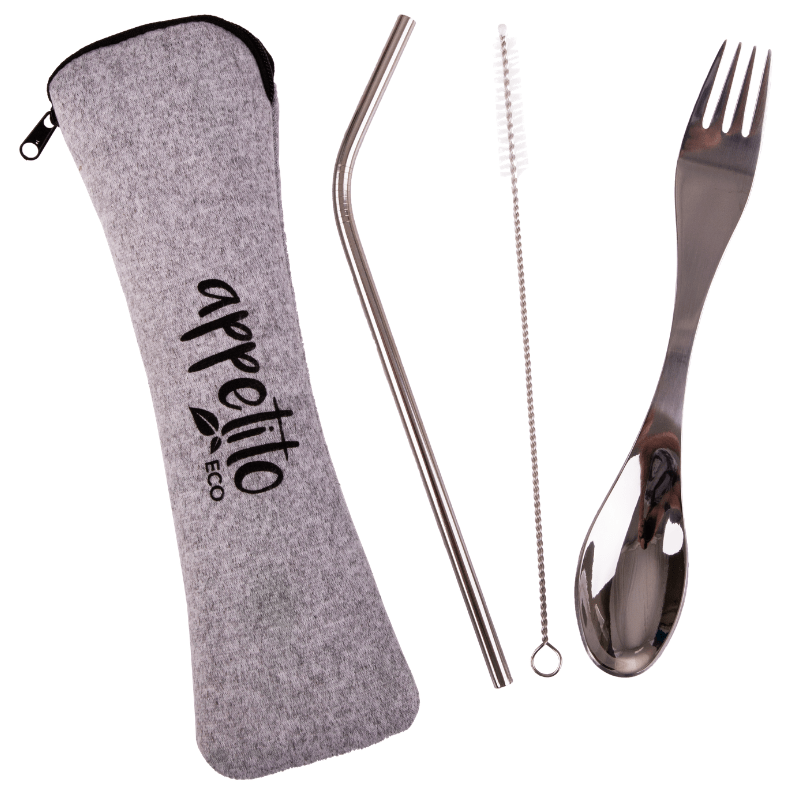 Appetito eco travellers reusable cutlery set - straw and spork with pouch.
