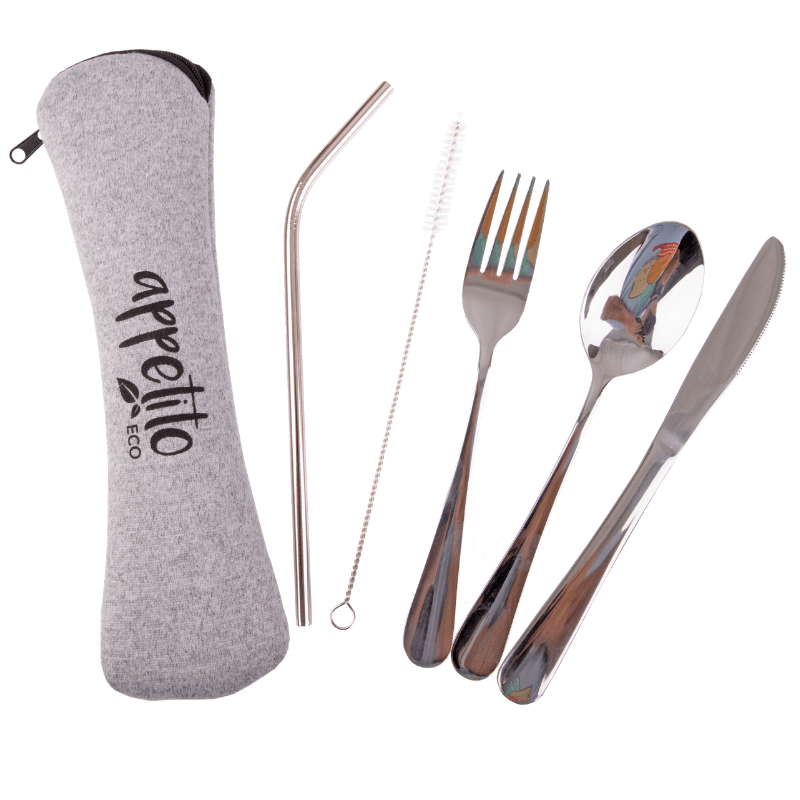 Appetito eco travellers reusable cutlery set - knife, fork and spoon in travel pouch.