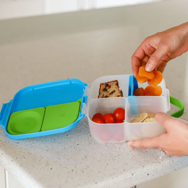 b.box 1L mini bento leakproof lunch box - shown open with food. 