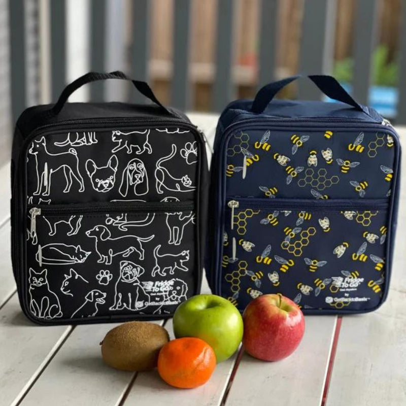 Medium Fridge to-go insulated lunch bag - Cat Dog and Bee bags with fruit in front of them. 
