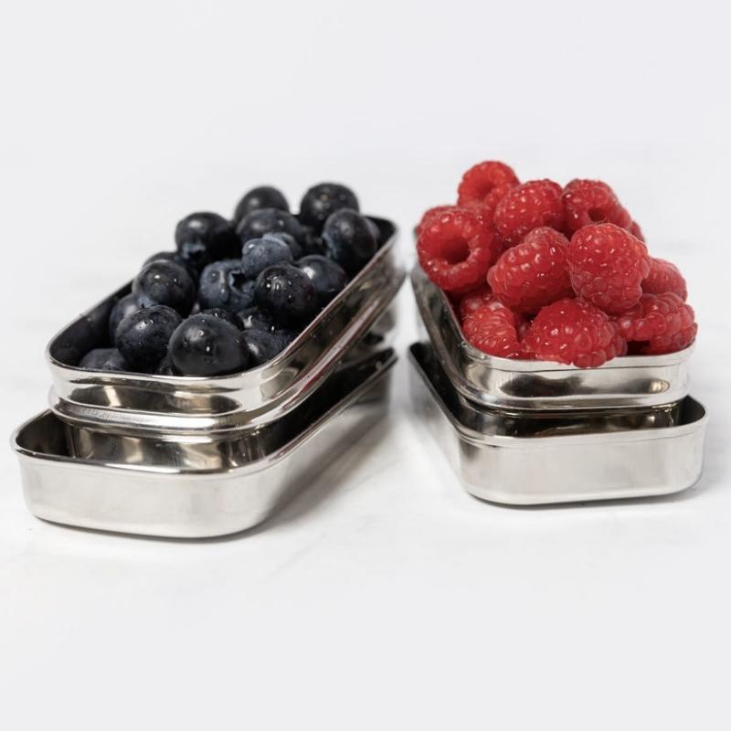 Green Essentials Tiny Tin Stainless Steel container - 150ml - open with berries in. 